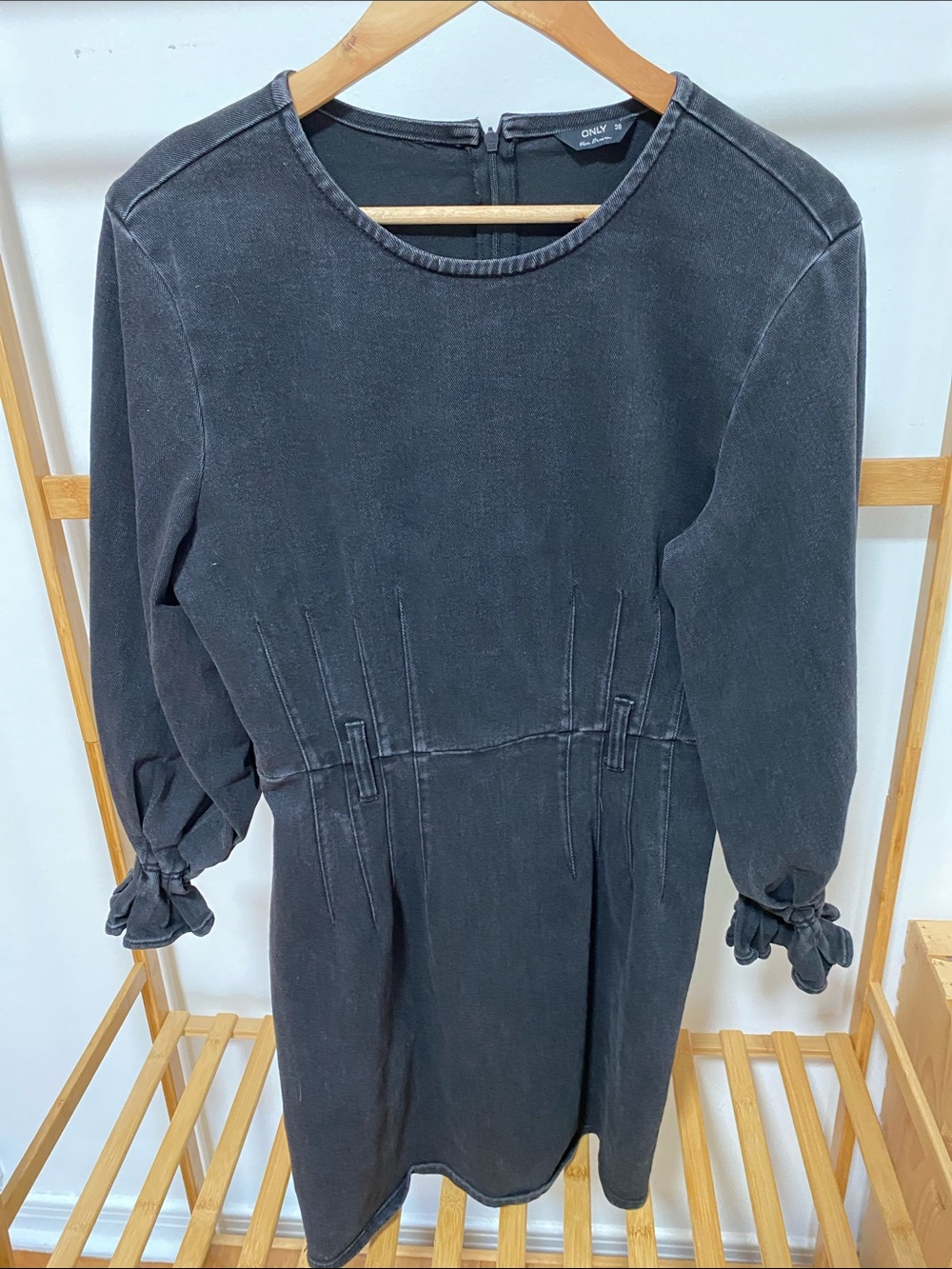 ONLY Washed Black Long-Sleeve Midi Dress with Gathered Cuffs